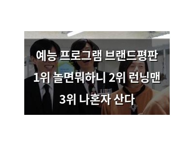 예능 프로그램 브랜드평판 1위 놀면뭐하니 2위 런닝맨 3위 나혼자 산다